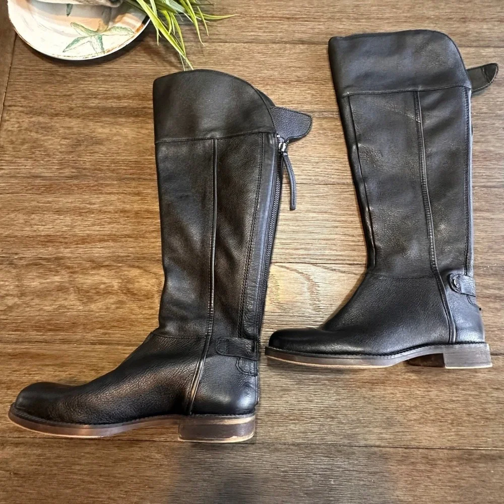 Franco‎ Sarto Black Leather Riding Tall Boots Zip Buckle Block Heel Womens 5.5